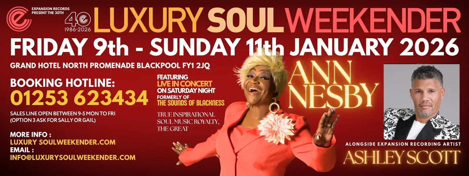 Ann Nesby vocalist with The Sounds of Blackness and Ashley Scott announced as performers for the next Luxury Soul Weekender in Blackpool, January 2026.