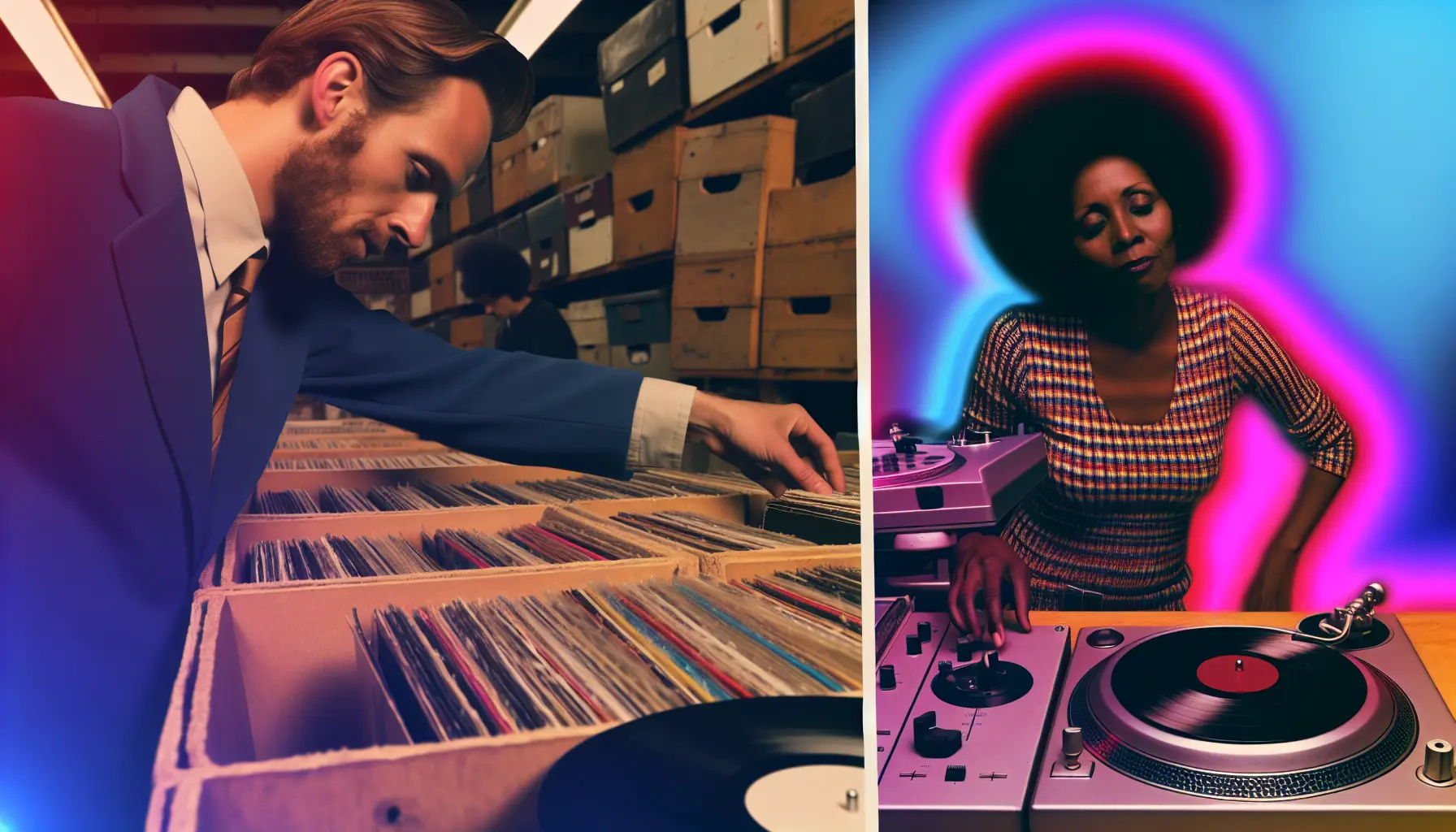 create an image of a white man, aged 29 who is crate digging in a vinyl record store alongside another image of a black woman as a 70's radio DJ with turntables. create an image of a white man, aged 29 who is crate digging in a vinyl record store alongside another image of a black woman as a 70's radio DJ with turntables.