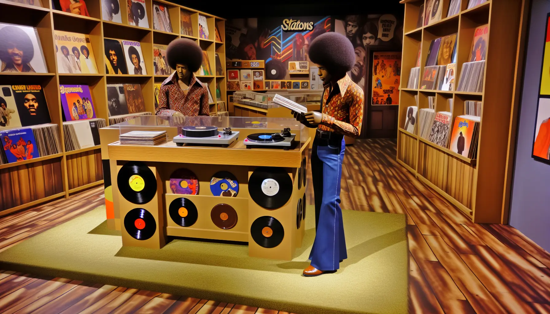 Create an image of a 1970s record store with an array of vinyl records on its shelves, with a young black made with an afro looking at two vinyl records in his hands
