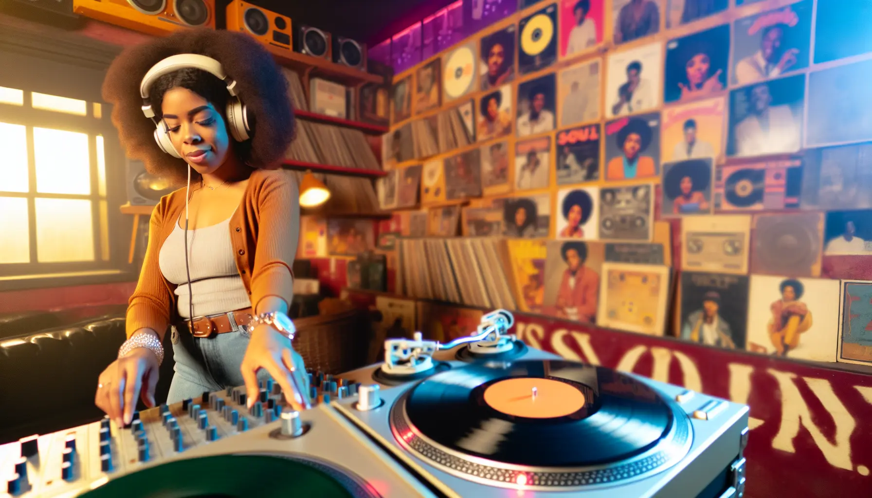 Create an image of a mixed race female radio DJ playing two turntables of soul music