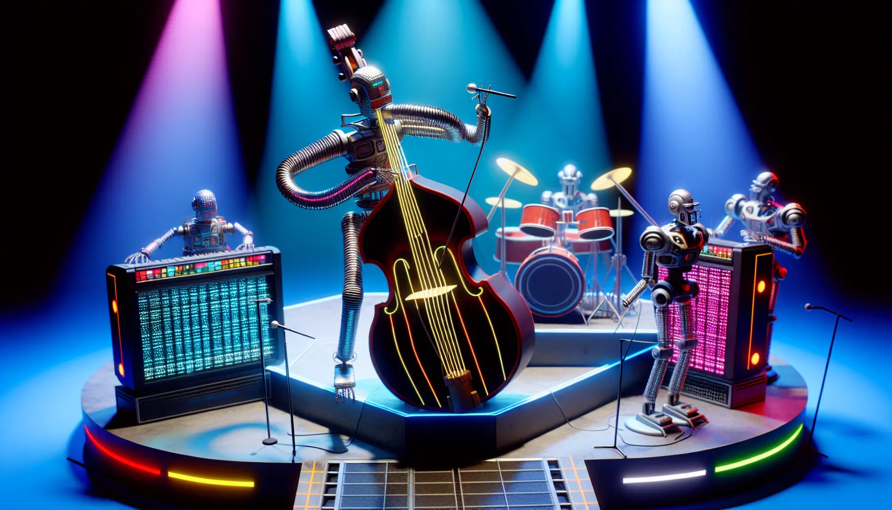 generate an image of a music band comprised of robots, performing on stage.