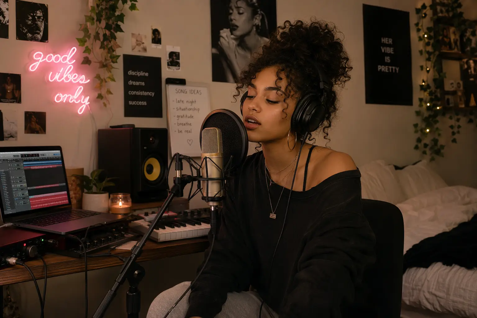 Young mixed-race female vocalist working in her bedroom studio